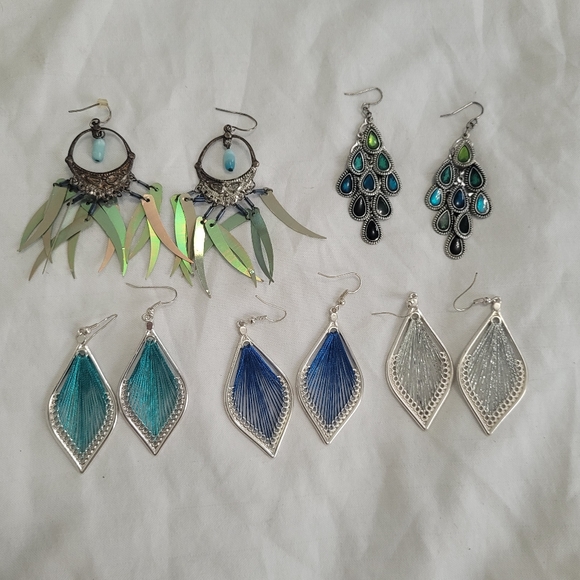 Vintage Jewelry - Lot of 5 Y2K Peacock Blue Turquoise Silver Toned Dangle Earrings Bundle